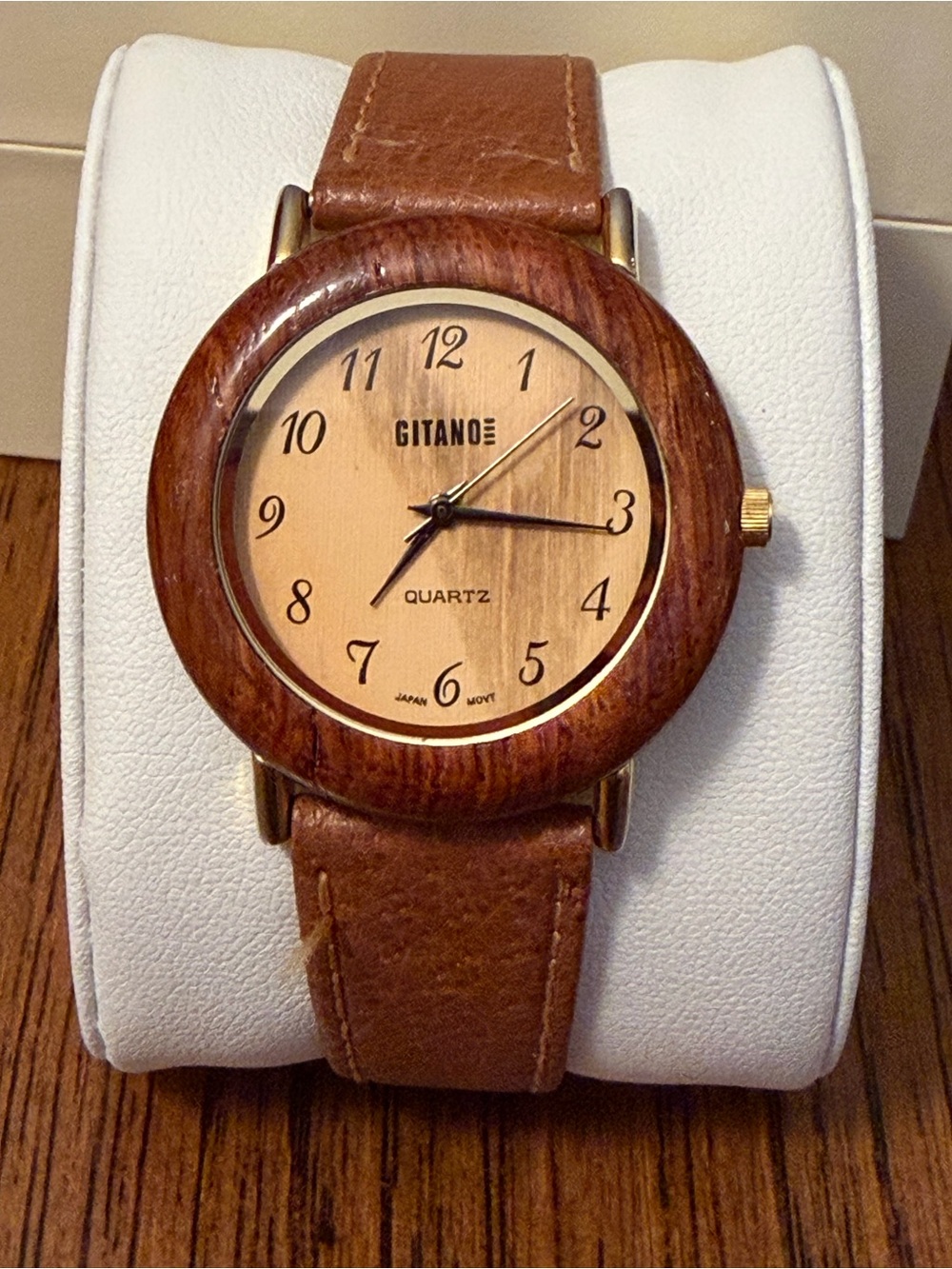 Vintage Gitano Wooden Bezel Unisex Quartz Wristwatch with Brown Leather Strap